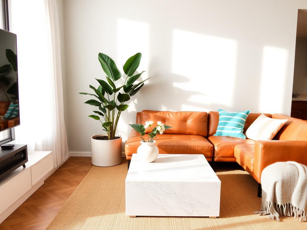 Bright living room with tan leather sofa and large plant