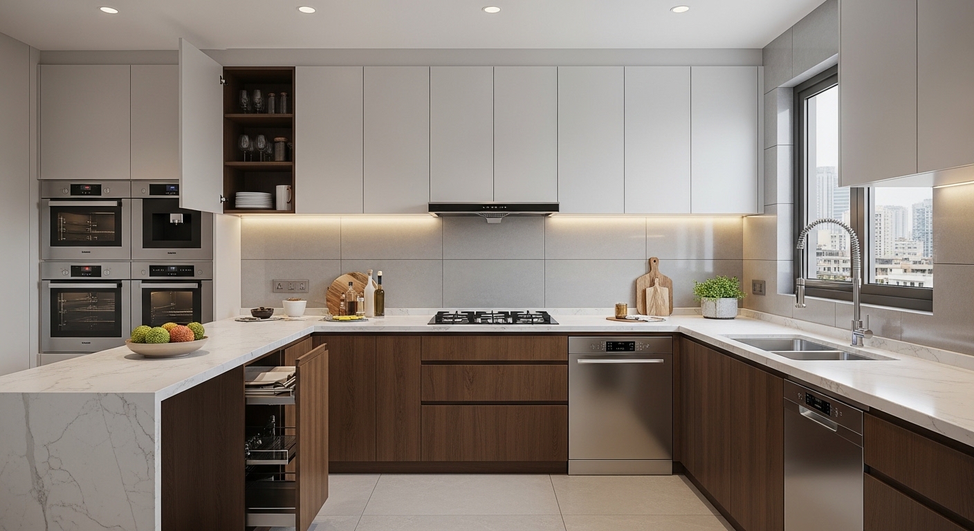 Walnut & marble U-kitchen
