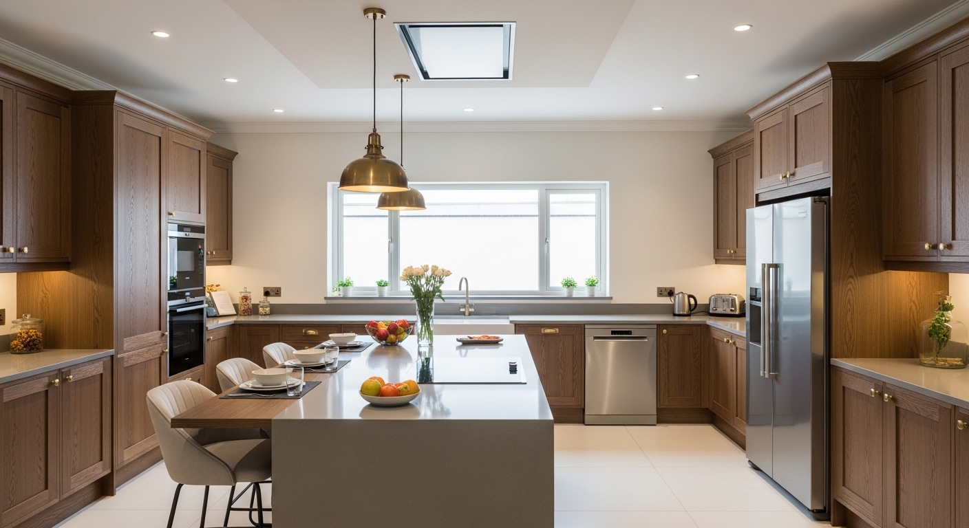 Oak island kitchen with brass pendants