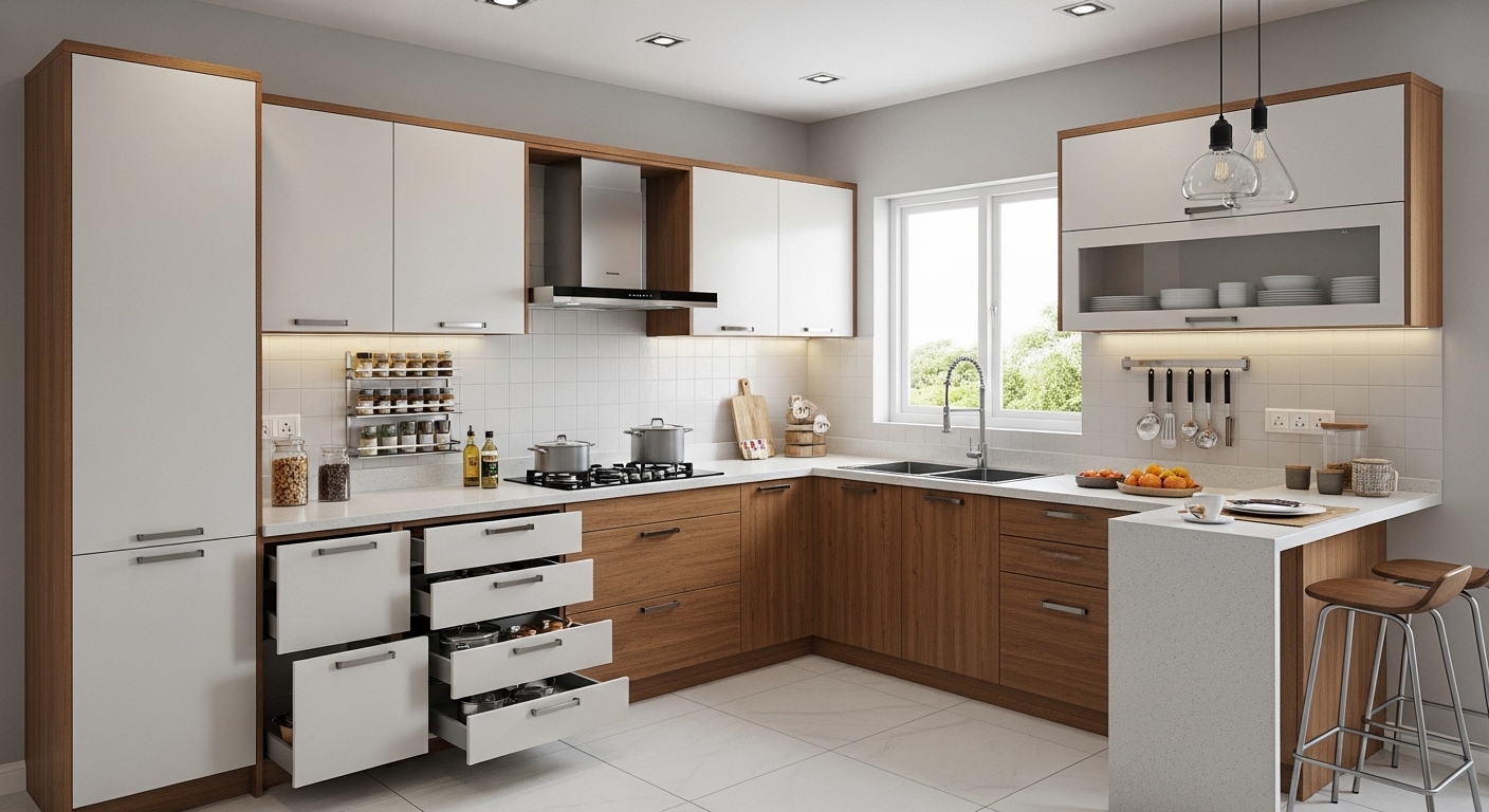 Wood-white L with breakfast counter