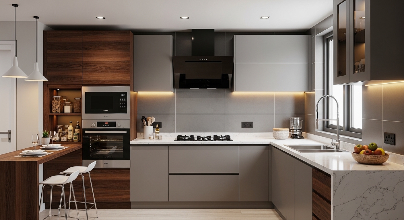 Walnut-grey U with quartz waterfall