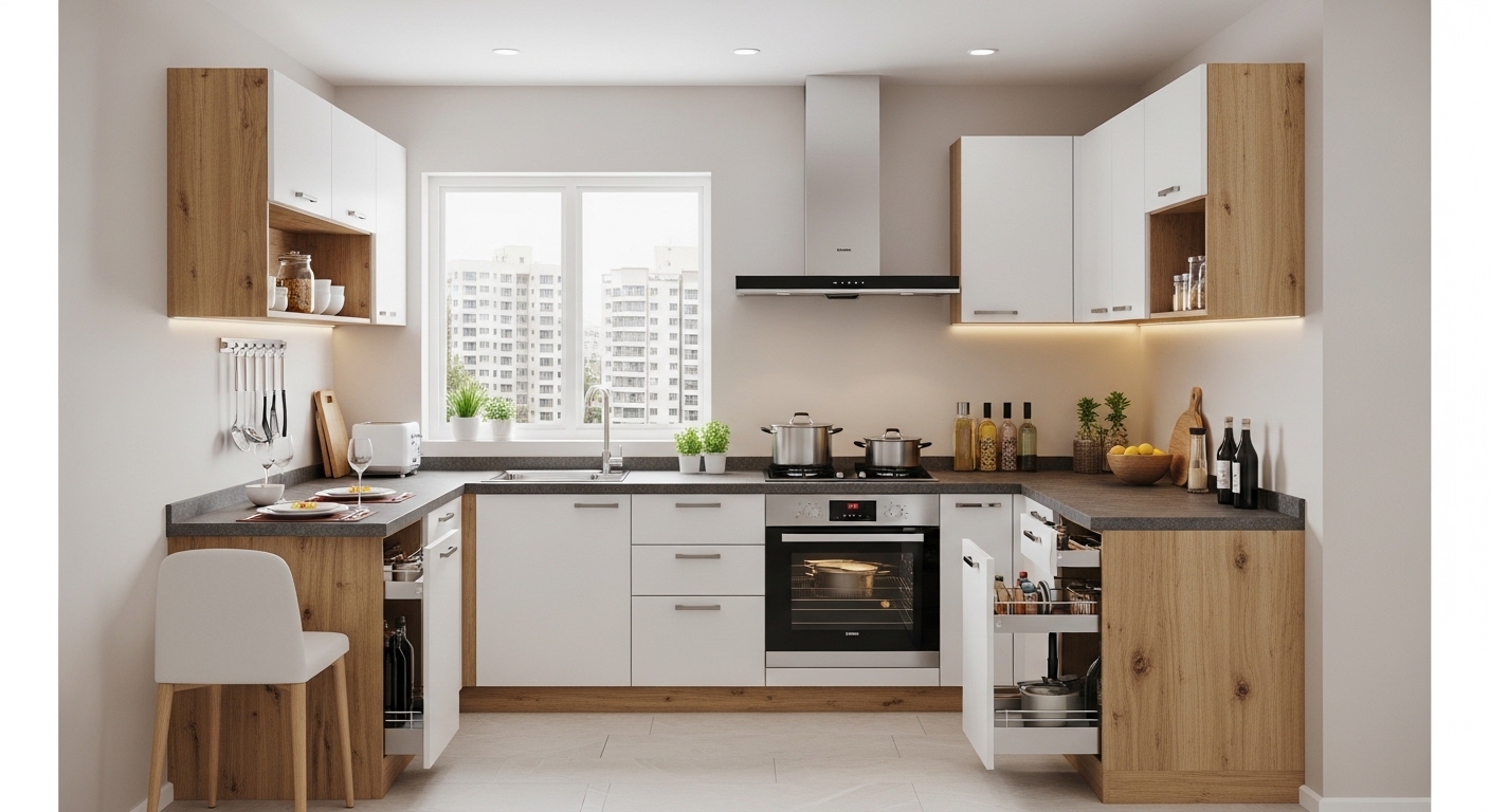 Oak-white compact U-kitchen