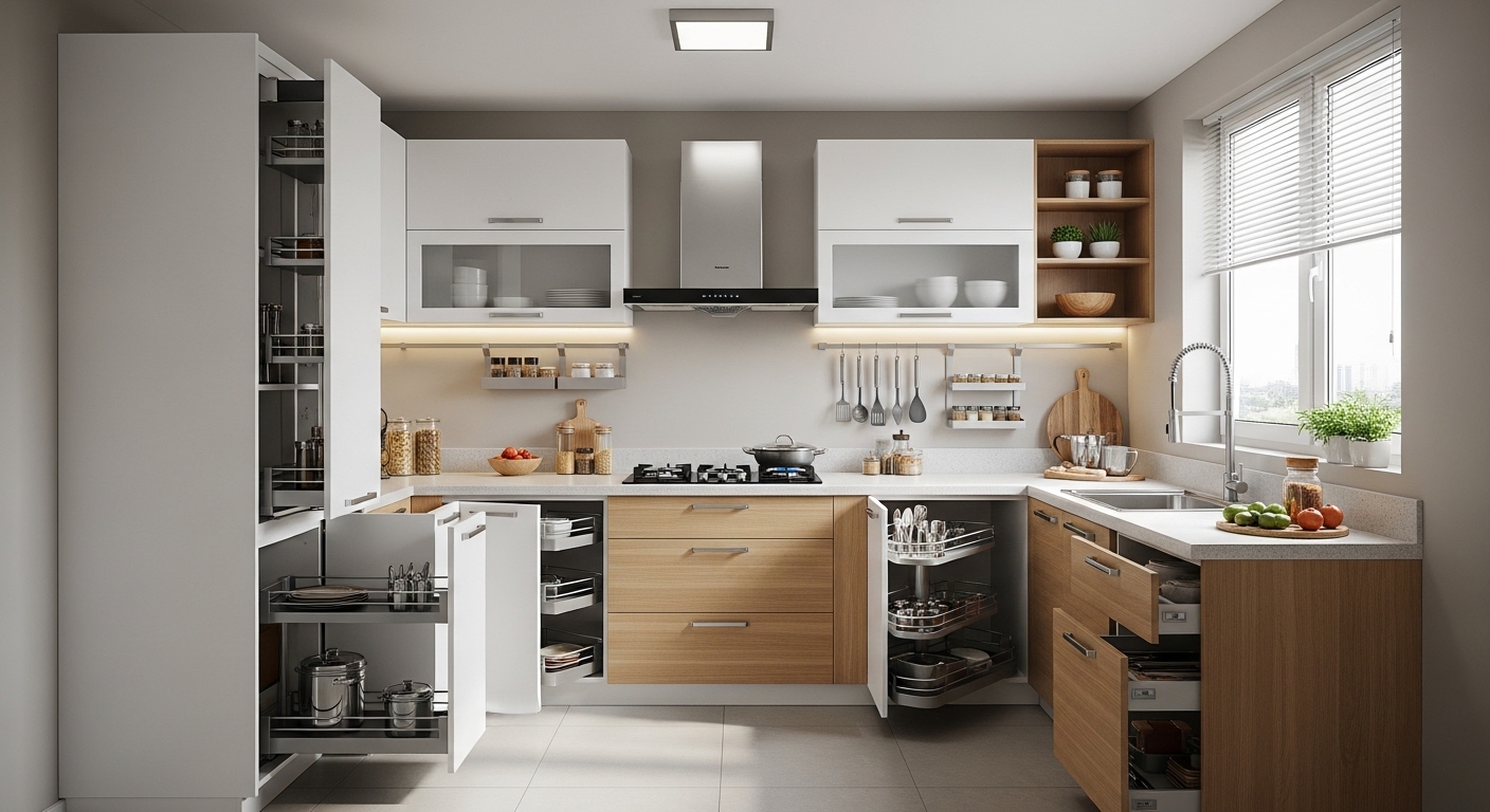 White U-kitchen with tall pull-outs