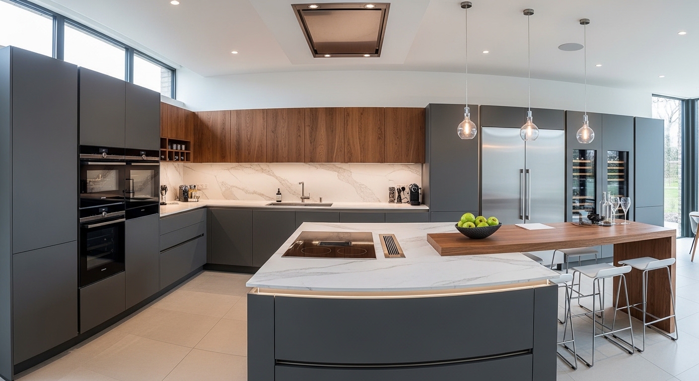 Grey-walnut island with wine fridge