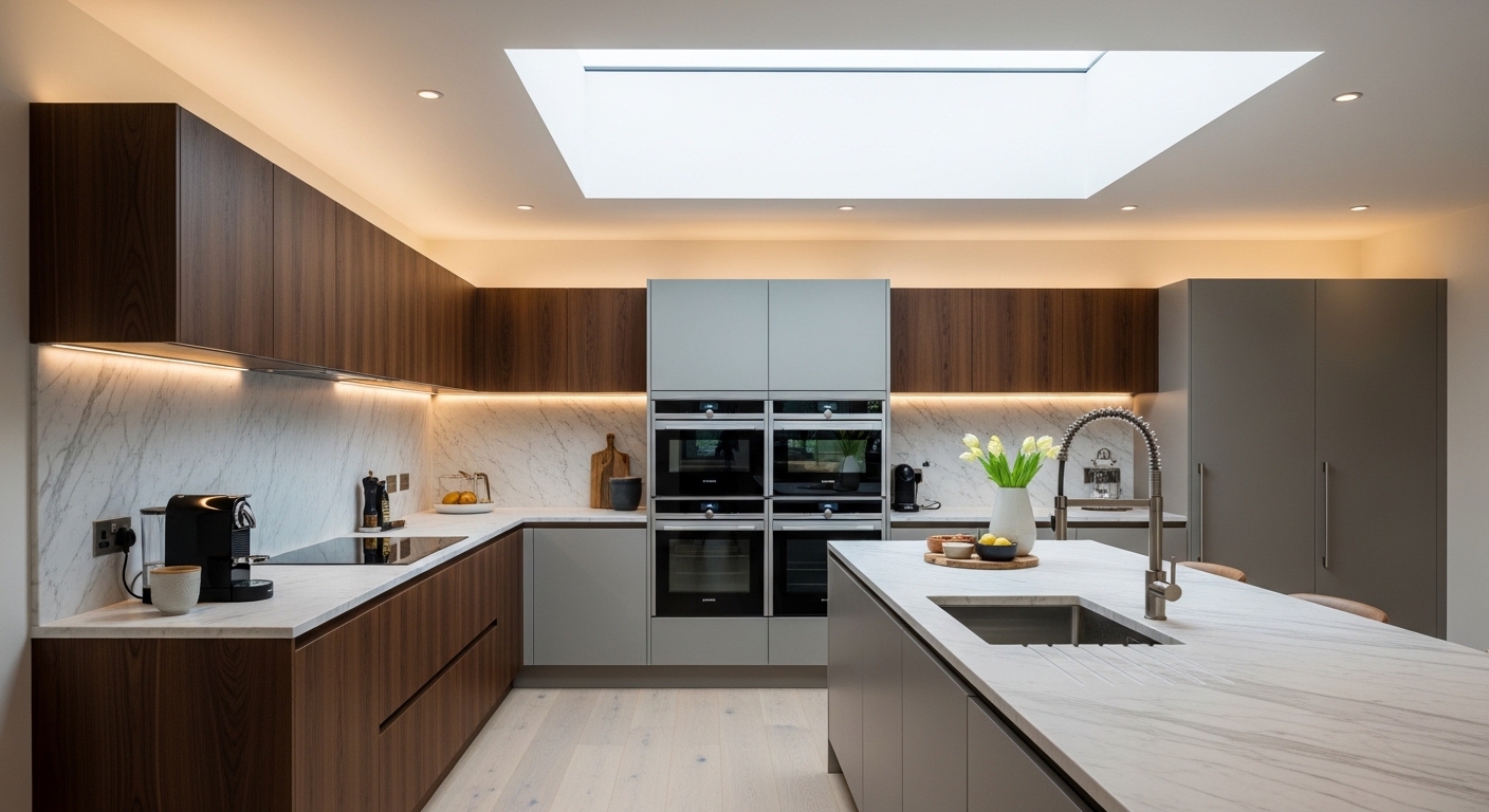 Walnut island kitchen under skylight