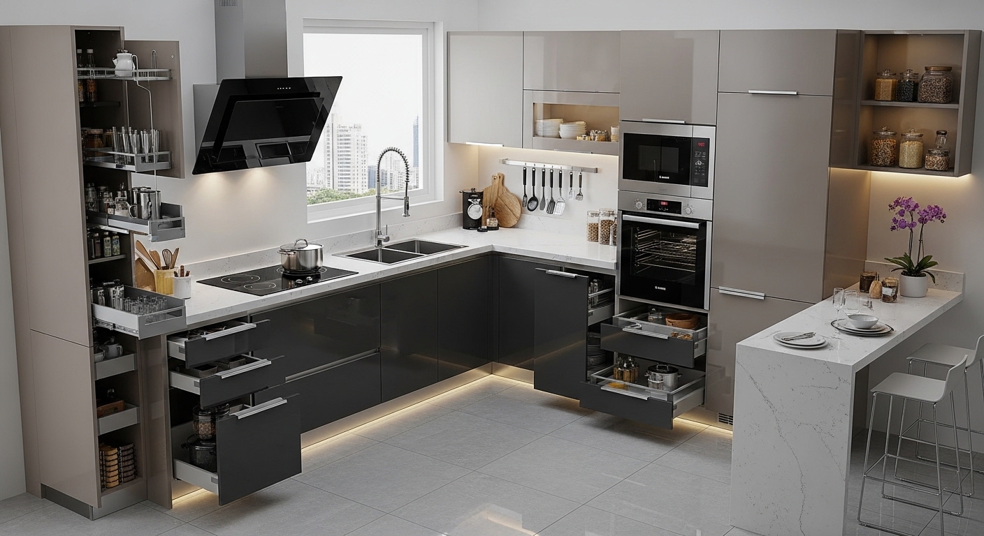 Graphite L-kitchen with tall units