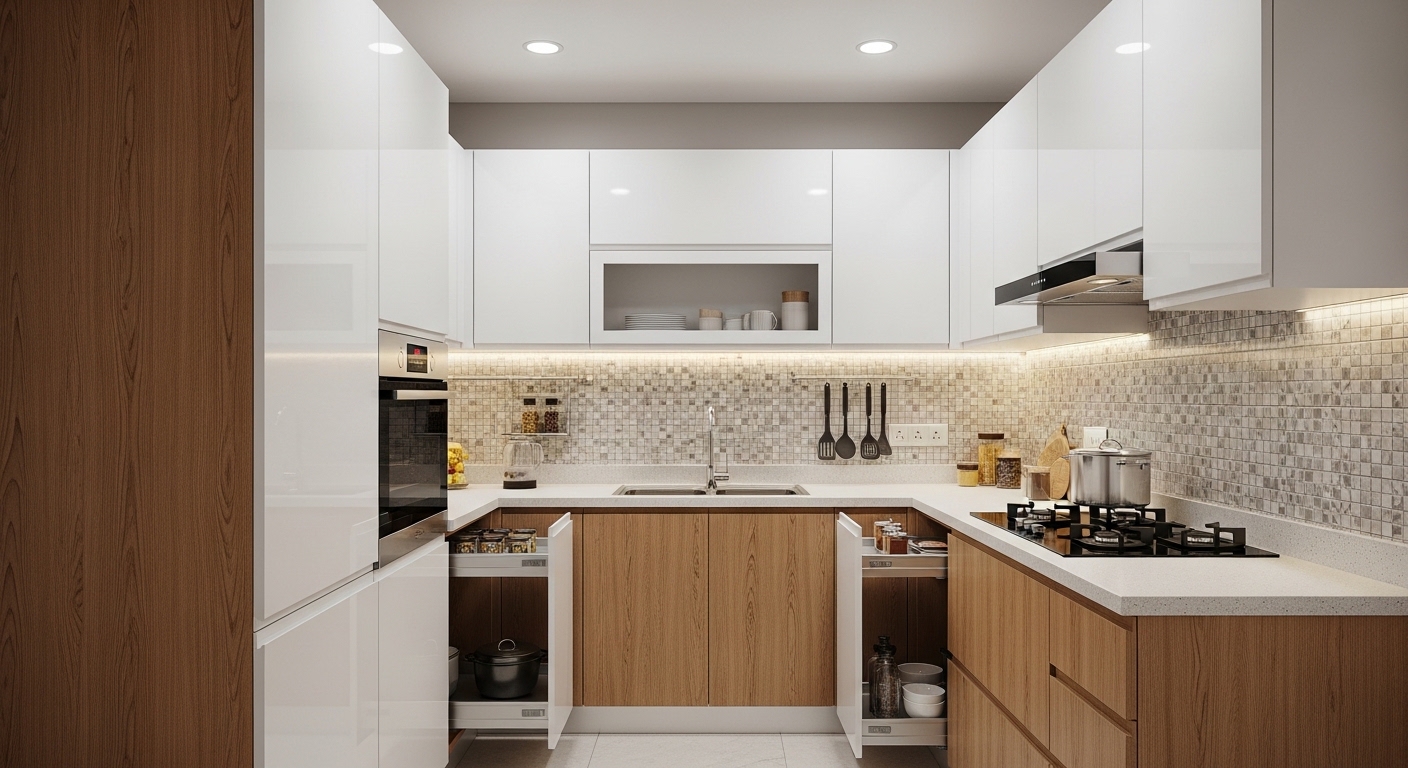 Glossy white U with mosaic backsplash
