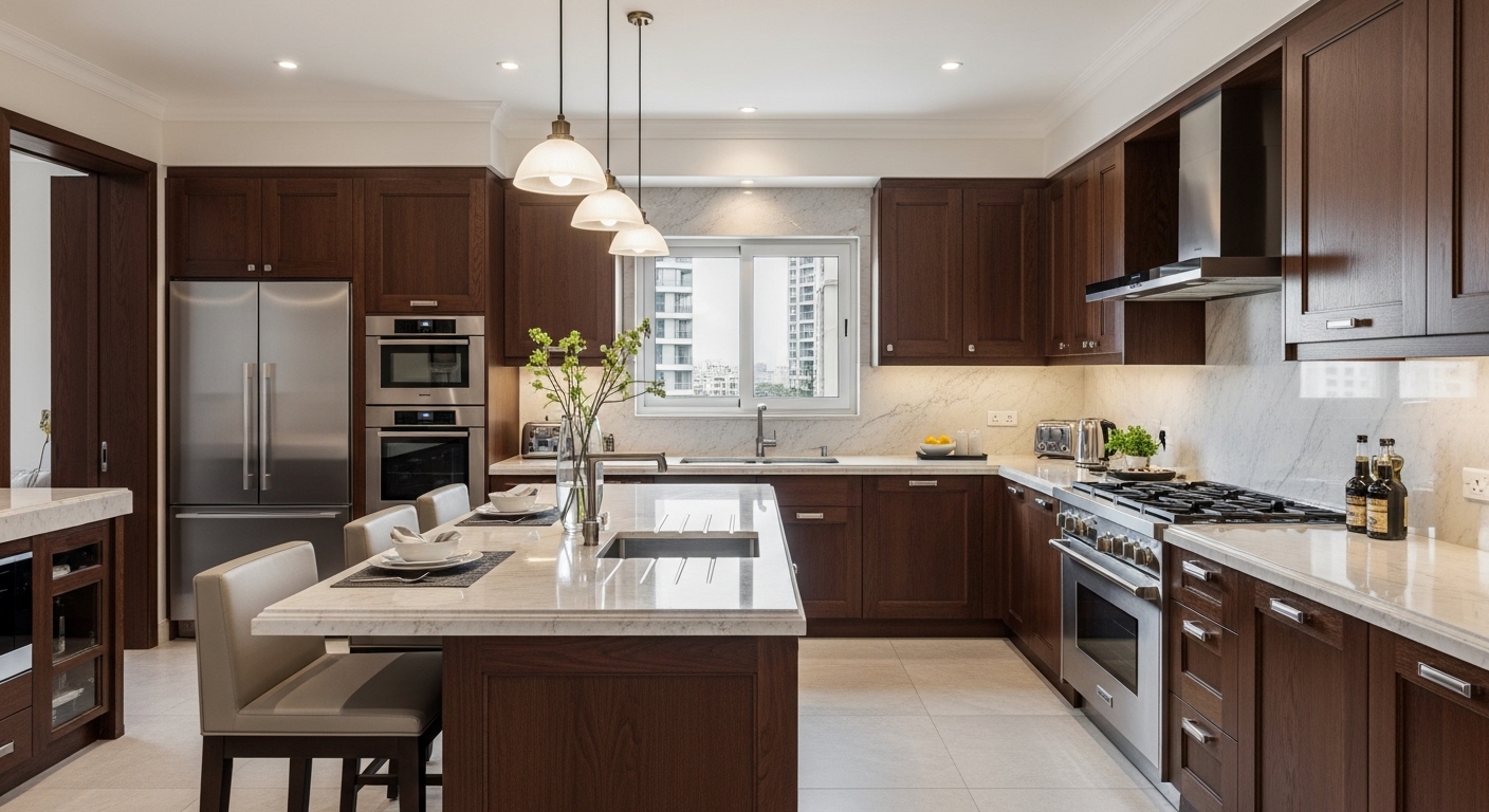 Walnut shaker with marble island